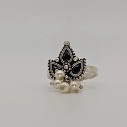 Elegant Modern Statement Ring – Black Enameled Maple Leaf and White Beads - The Ganges Store