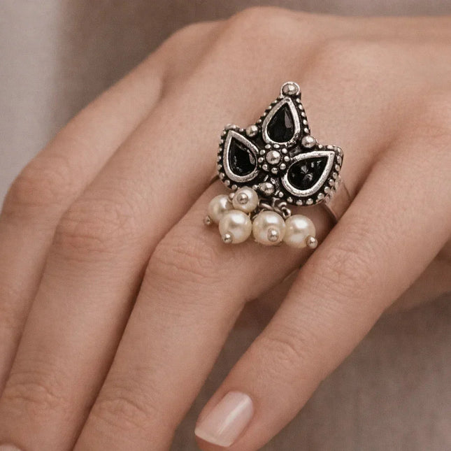 Elegant Modern Statement Ring – Black Enameled Maple Leaf and White Beads - The Ganges Store