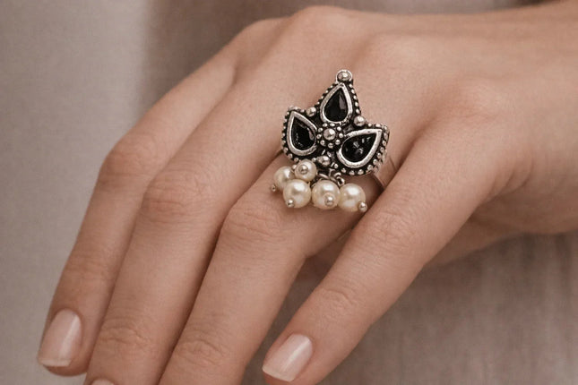 Elegant Modern Statement Ring – Black Enameled Maple Leaf and White Beads - The Ganges Store
