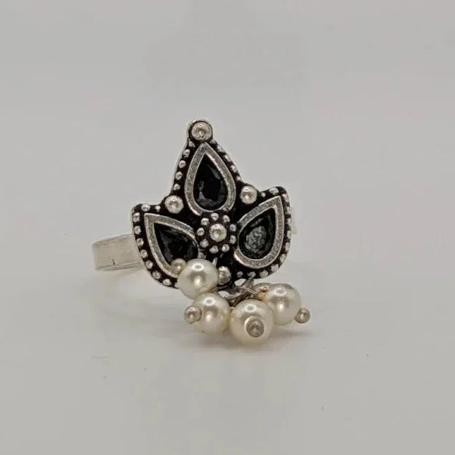 Elegant Modern Statement Ring – Black Enameled Maple Leaf and White Beads - The Ganges Store