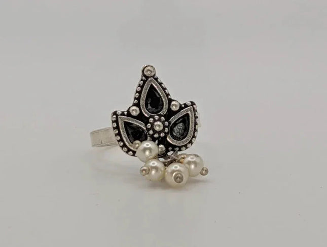 Elegant Modern Statement Ring – Black Enameled Maple Leaf and White Beads - The Ganges Store