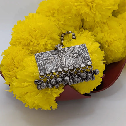 Elegant Rectangle Necklace with Floral Design in German Silver - Handmade Indian Artisanal - The Ganges Store