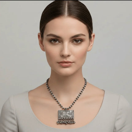 Elegant Rectangle Necklace with Floral Design in German Silver - Handmade Indian Artisanal - The Ganges Store