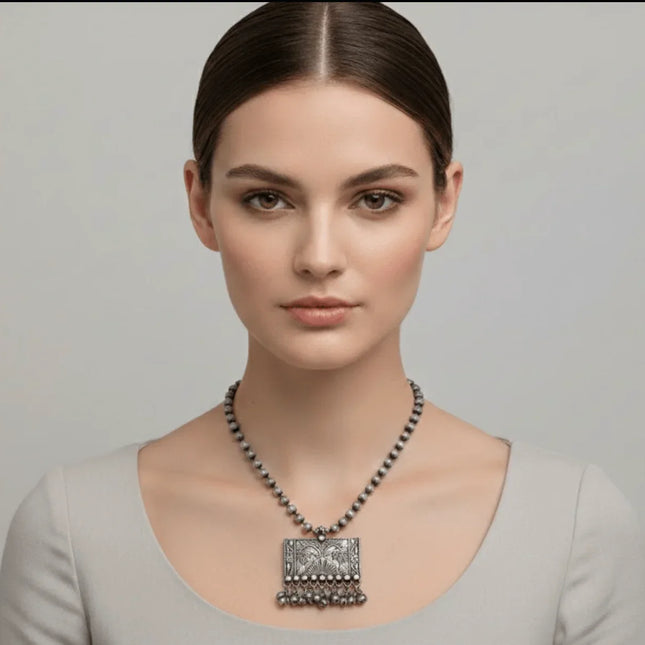 Elegant Rectangle Necklace with Floral Design in German Silver - Handmade Indian Artisanal - The Ganges Store