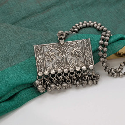 Elegant Rectangle Necklace with Floral Design in German Silver - Handmade Indian Artisanal - The Ganges Store