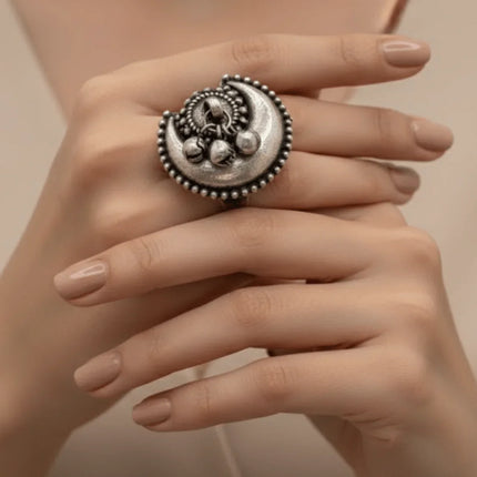 Enchanting Moon - Inspired Ring in Silver Brass – Handmade Indian Artisanal - The Ganges Store