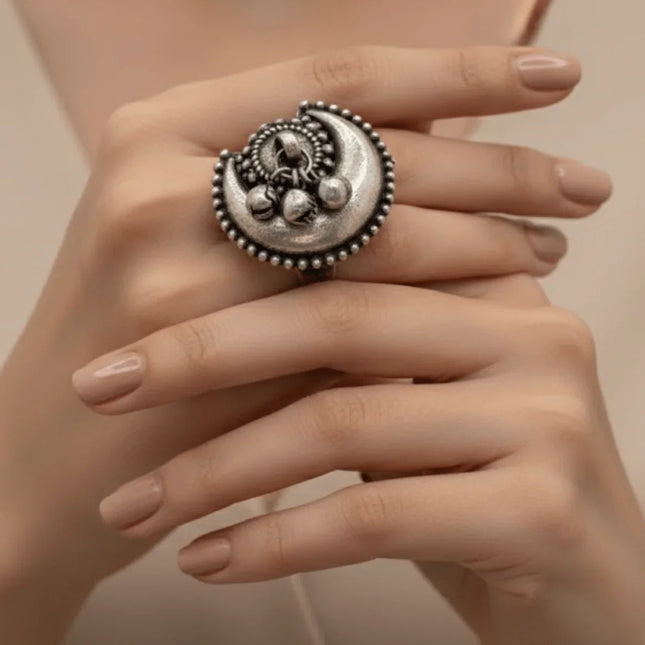 Enchanting Moon - Inspired Ring in Silver Brass – Handmade Indian Artisanal - The Ganges Store