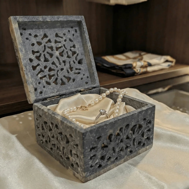 Exquisite Hand - Carved Marble Jewellery Box â€” Handmade Indian Artisanal - The Ganges Store