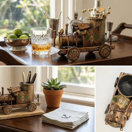 Exquisite Hand - Painted Metal Pen Stand - Steam Engine â€” Handmade Indian Artisanal - The Ganges Store