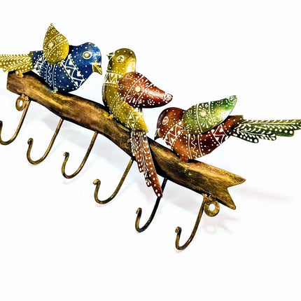 Eye - catching Hand - Painted Metal Bird Hook Rail - Colourful Indian Wall Art - The Ganges Store