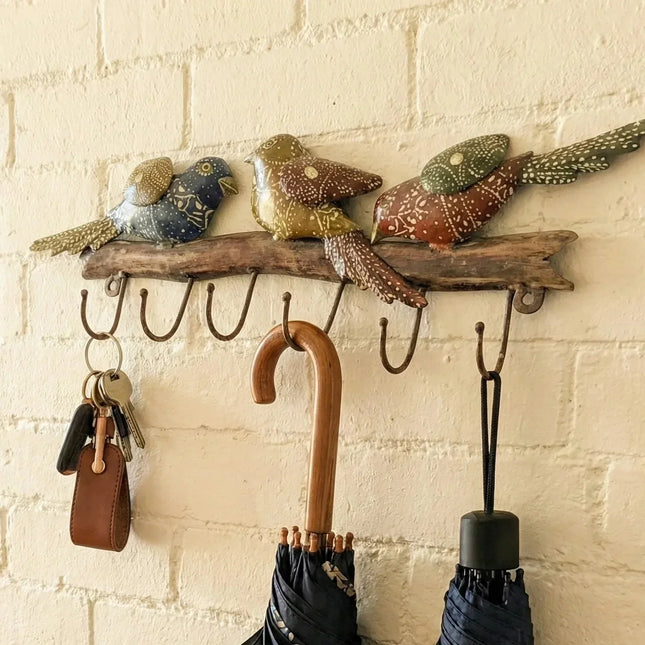 Eye - catching Hand - Painted Metal Bird Hook Rail - Colourful Indian Wall Art - The Ganges Store