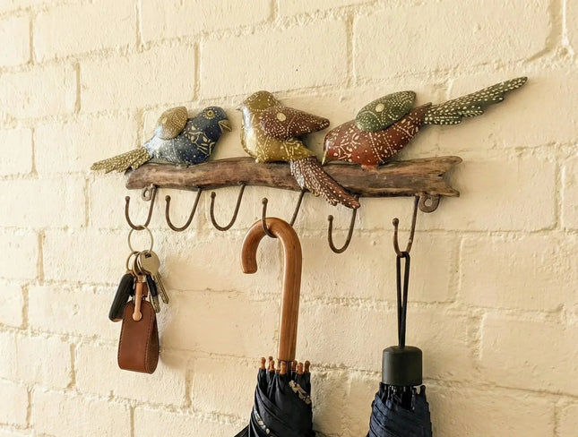 Eye - catching Hand - Painted Metal Bird Hook Rail - Colourful Indian Wall Art - The Ganges Store