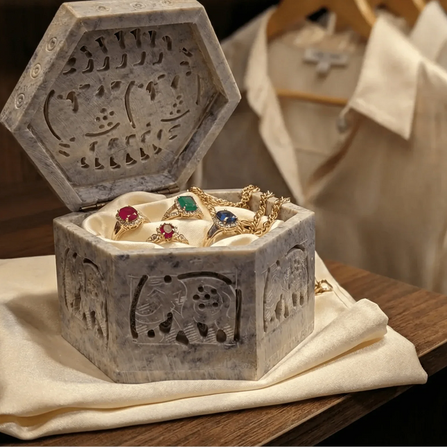 Hand - Carved Hexagonal Marble Jewellery Box Â· Where Rajasthan's Stone Legacy Holds Your Treasures - The Ganges Store