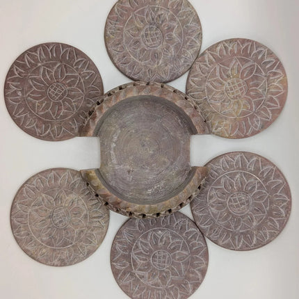 Hand - Carved Sunflower Marble Coaster Set - One - of - One Artisan Masterpiece - Handcrafted Indian Home Decor - The Ganges Store