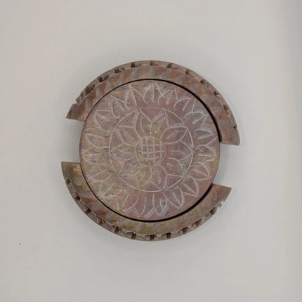 Hand - Carved Sunflower Marble Coaster Set - One - of - One Artisan Masterpiece - Handcrafted Indian Home Decor - The Ganges Store