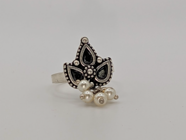 Elegant Modern Statement Ring –  Black Enameled Maple Leaf and White Beads