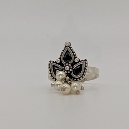 Elegant Modern Statement Ring –  Black Enameled Maple Leaf and White Beads
