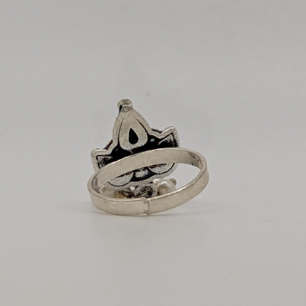 Elegant Modern Statement Ring –  Black Enameled Maple Leaf and White Beads