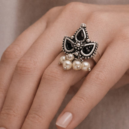 Elegant Modern Statement Ring –  Black Enameled Maple Leaf and White Beads