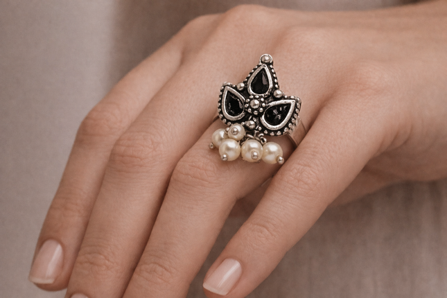 Elegant Modern Statement Ring –  Black Enameled Maple Leaf and White Beads