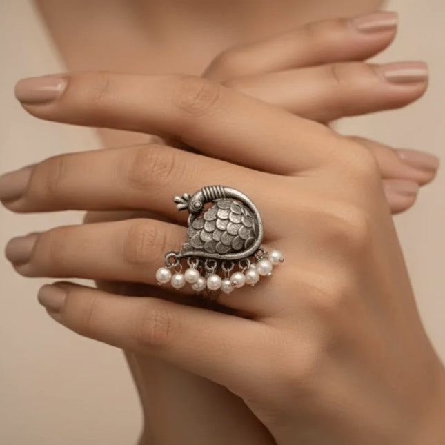 Majestic Peacock Pride Ring in Silver Brass – Handmade Indian Artisanal - The Ganges Store