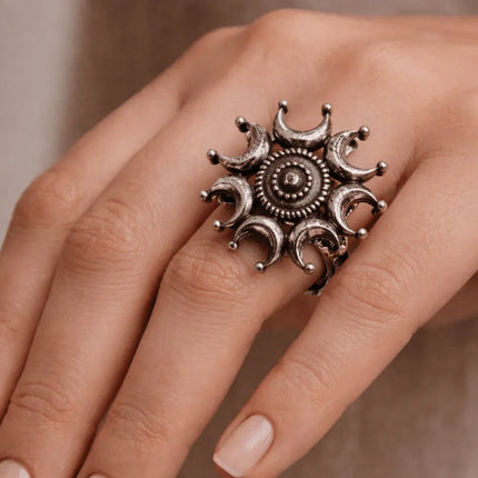 Mystical Half - Moon Ring in Oxidized Finish – Handmade Indian Artisanal - The Ganges Store