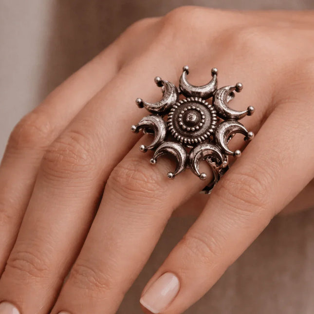 Mystical Half - Moon Ring in Oxidized Finish – Handmade Indian Artisanal - The Ganges Store