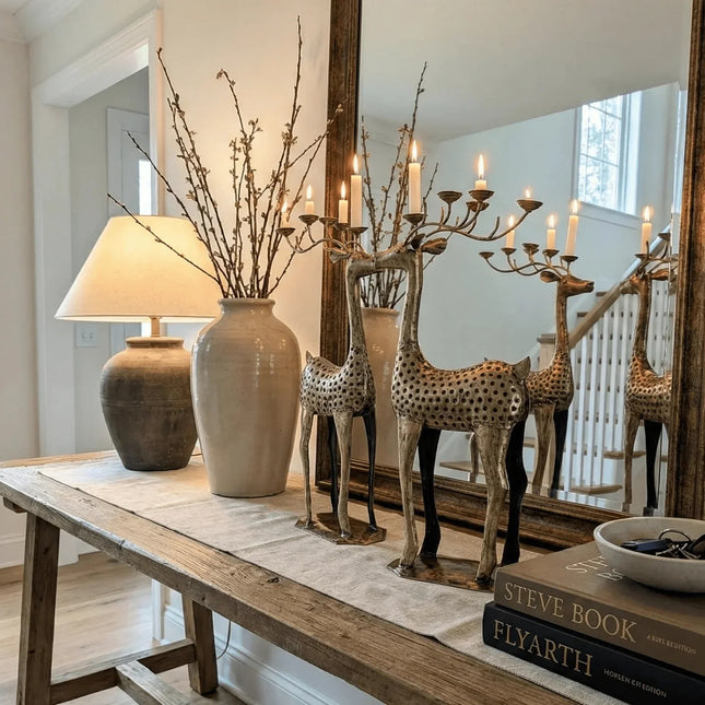 Pair of Deer Sculptures (upright) with tealight holders on Antlers - Handcrafted Indian Home Decor - The Ganges Store