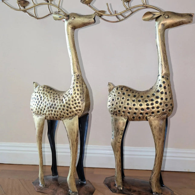 Pair of Deer Sculptures (upright) with tealight holders on Antlers - Handcrafted Indian Home Decor - The Ganges Store