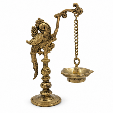 Handcrafted Brass Parrot Cantilever Deepam — Five-Wick Oil Lamp