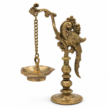 Handcrafted Brass Parrot Cantilever Deepam — Five-Wick Oil Lamp