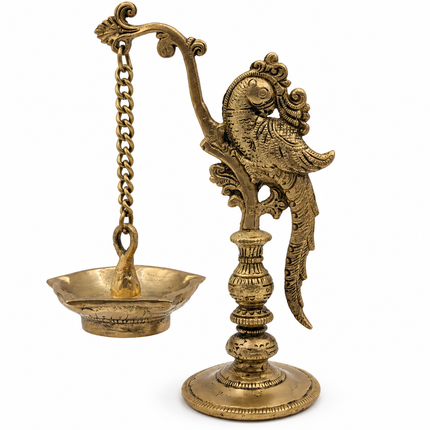 Handcrafted Brass Parrot Cantilever Deepam — Five-Wick Oil Lamp