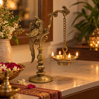Handcrafted Brass Parrot Cantilever Deepam — Five-Wick Oil Lamp