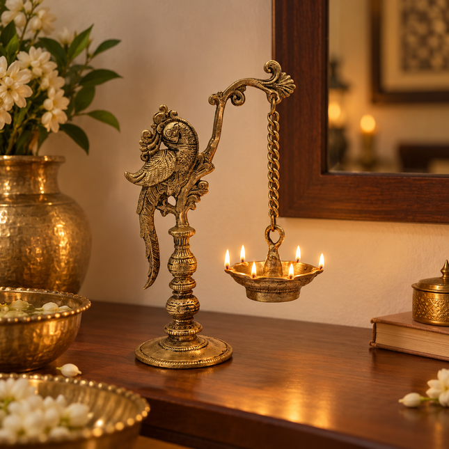 Handcrafted Brass Parrot Cantilever Deepam — Five-Wick Oil Lamp