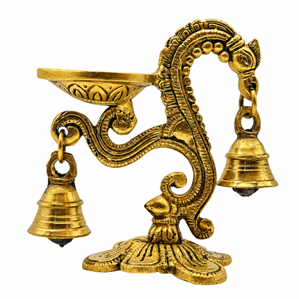 Handcrafted Brass Peacock Neck Cantilever Ghanti Diya – Oil Lamp with Bells