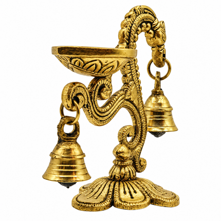 Handcrafted Brass Peacock Neck Cantilever Ghanti Diya – Oil Lamp with Bells