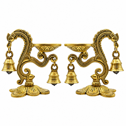 Handcrafted Brass Peacock Neck Cantilever Ghanti Diya – Oil Lamp with Bells