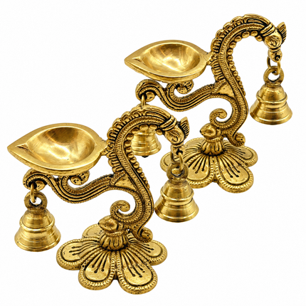 Handcrafted Brass Peacock Neck Cantilever Ghanti Diya – Oil Lamp with Bells