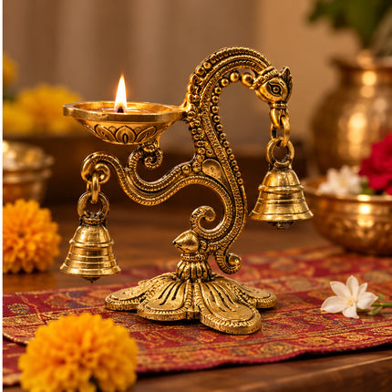 Handcrafted Brass Peacock Neck Cantilever Ghanti Diya – Oil Lamp with Bells