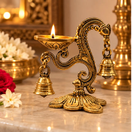 Handcrafted Brass Peacock Neck Cantilever Ghanti Diya – Oil Lamp with Bells