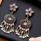 Hanging Stone Stud Earrings with Pearl Fringe – Oxidised Silver-Tone