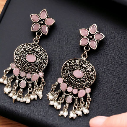 Hanging Stone Stud Earrings with Pearl Fringe – Oxidised Silver-Tone