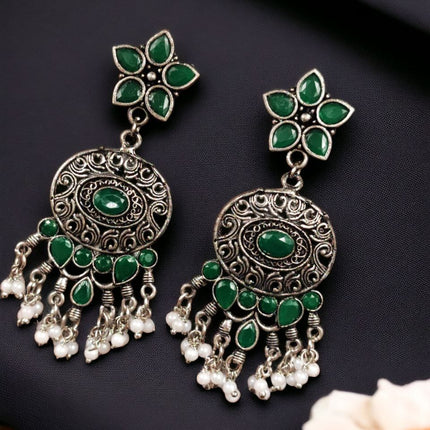 Hanging Stone Stud Earrings with Pearl Fringe – Oxidised Silver-Tone