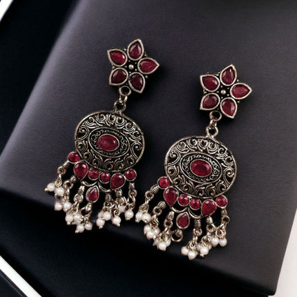 Hanging Stone Stud Earrings with Pearl Fringe – Oxidised Silver-Tone