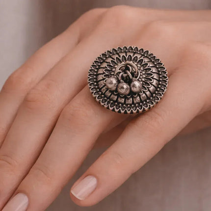 Playful "Ghungroo" Accent Ring in Oxidized Silver – Handmade Indian Artisanal - The Ganges Store