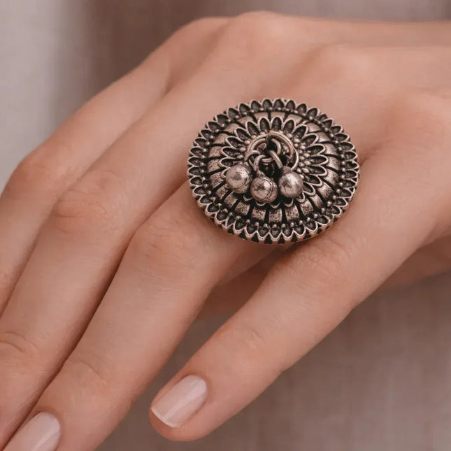 Playful "Ghungroo" Accent Ring in Oxidized Silver – Handmade Indian Artisanal - The Ganges Store