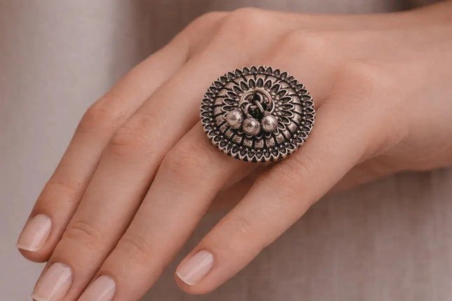 Playful "Ghungroo" Accent Ring in Oxidized Silver – Handmade Indian Artisanal - The Ganges Store