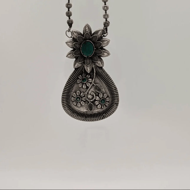 Radiant Flower - Shaped Necklace with Jade Stone Accent - Handmade Indian Artisanal - The Ganges Store