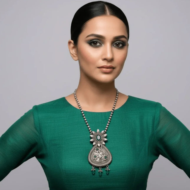 Radiant Flower - Shaped Necklace with Jade Stone Accent - Handmade Indian Artisanal - The Ganges Store
