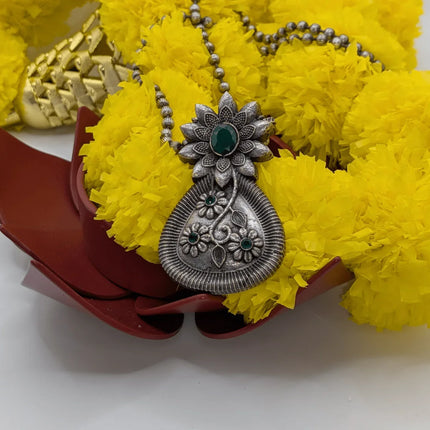 Radiant Flower - Shaped Necklace with Jade Stone Accent - Handmade Indian Artisanal - The Ganges Store